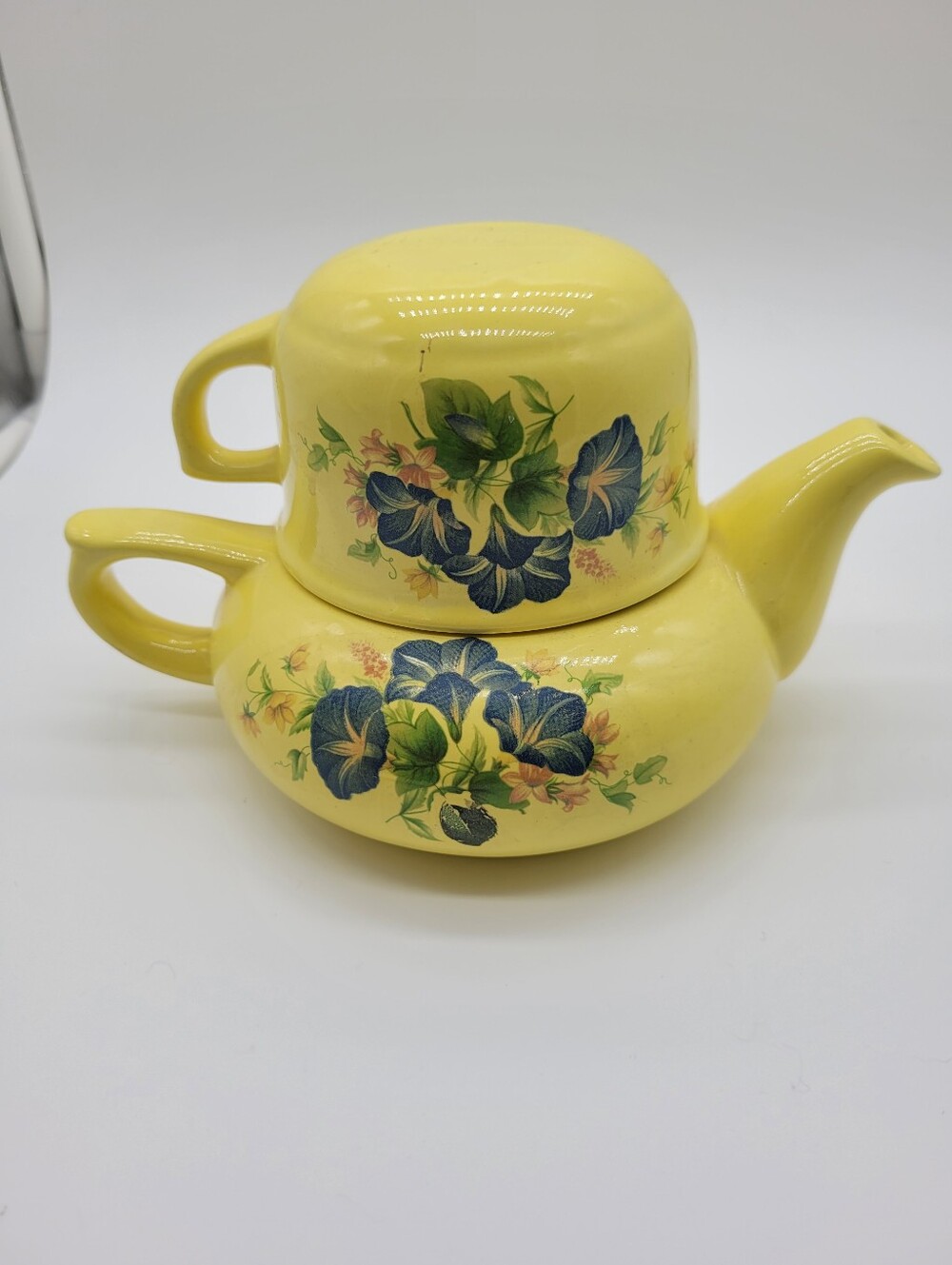 VTG Signed Yellow Ceramic Stacking Tea for One Teapot Cup Set Blue Morning Glory